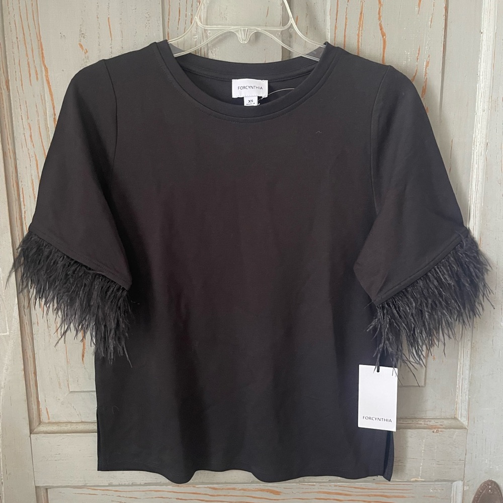 NWT- For Cynthia Black Top with Feather Trim